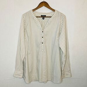 Lands' End Size 14 Flannel Top - Gray Gingham 100% Cotton Collarless